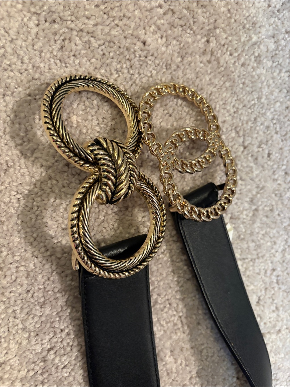 Express Black Leather Belt with Gold Knot & Chain Buckle